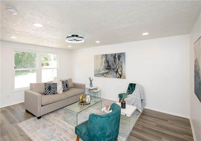 living room featuring wood-type flooring and a textured ceiling