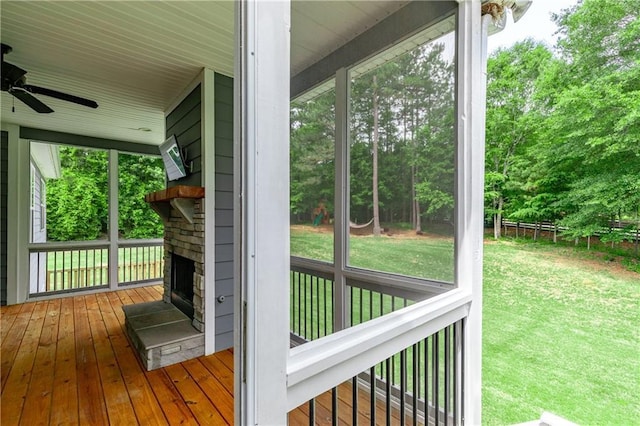 214 Westwind Dr, Newnan, GA 30263 - wooden terrace featuring a lawn and ceiling fan