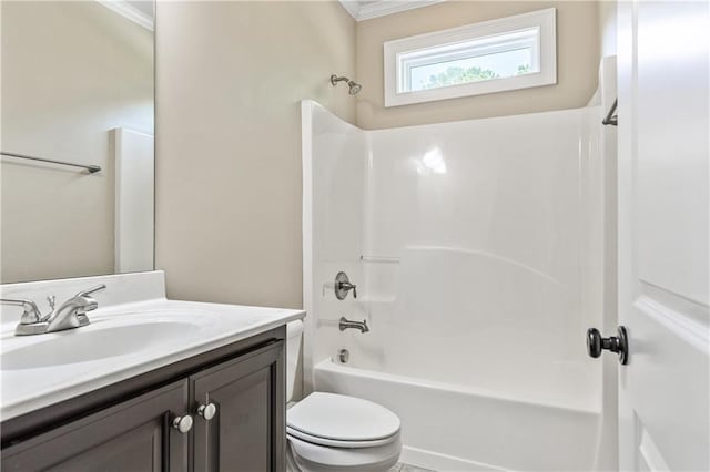 214 Westwind Dr, Newnan, GA 30263 - bathroom with crown molding, vanity, toilet, and bathing tub / shower combination