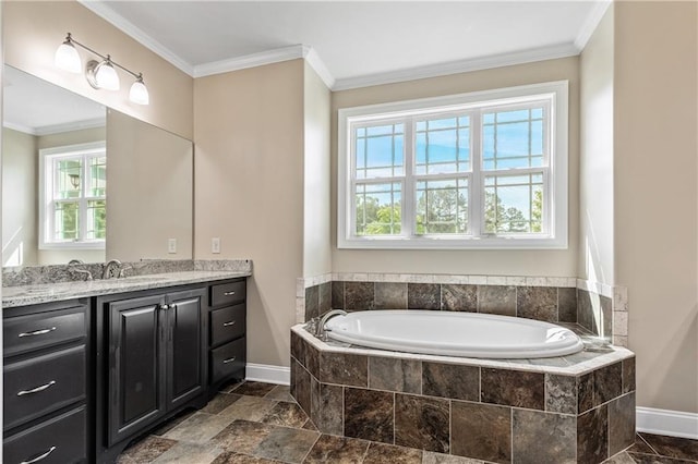 214 Westwind Dr, Newnan, GA 30263 - bathroom featuring vanity, baseboards, a garden tub, and crown molding