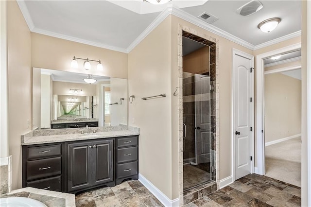 214 Westwind Dr, Newnan, GA 30263 - full bathroom featuring vanity, baseboards, stone finish flooring, and crown molding