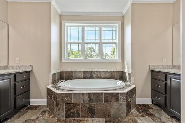 214 Westwind Dr, Newnan, GA 30263 - bathroom featuring vanity, baseboards, a bath, crown molding, and stone finish flooring