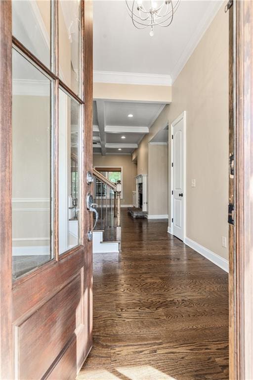 214 Westwind Dr, Newnan, GA 30263 - foyer with wood finished floors, ornamental molding, beam ceiling, baseboards, and coffered ceiling