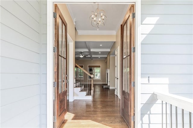 214 Westwind Dr, Newnan, GA 30263 - foyer with crown molding, wood finished floors, stairway, coffered ceiling, and a chandelier