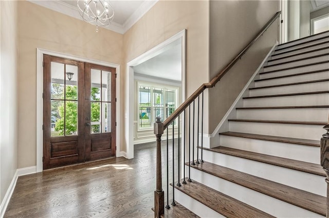 214 Westwind Dr, Newnan, GA 30263 - foyer featuring stairway, french doors, baseboards, ornamental molding, and wood finished floors