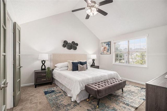 3440 Oaktree Way, Stonecrest, GA 30038 - bedroom featuring light carpet, vaulted ceiling, and ceiling fan