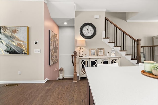 20057 Windalier Way, Roswell, GA 30076 - dining space featuring ornamental molding, dark wood-style floors, and stairway