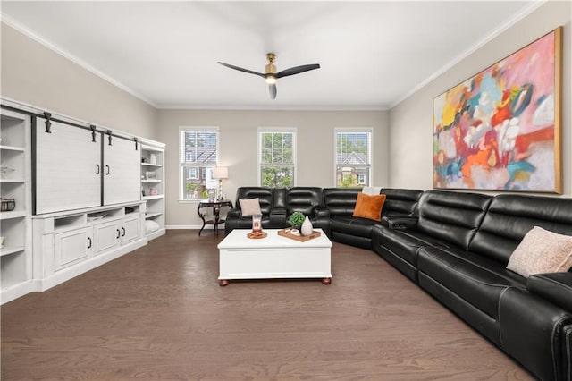20057 Windalier Way, Roswell, GA 30076 - living area featuring a ceiling fan, crown molding, and dark wood-type flooring