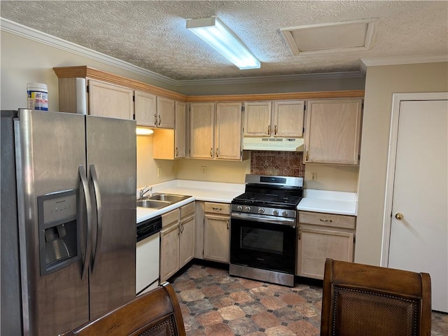 kitchen featuring crown molding, appliances with stainless steel finishes, light countertops, light brown cabinets, and under cabinet range hood