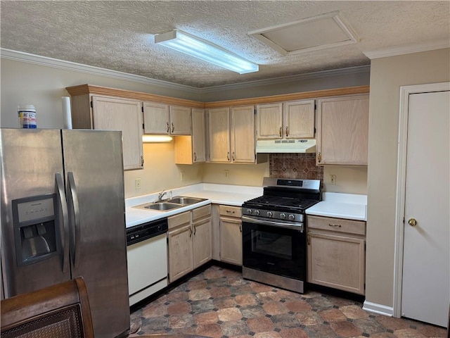 kitchen featuring appliances with stainless steel finishes, a sink, light brown cabinets, light countertops, and under cabinet range hood
