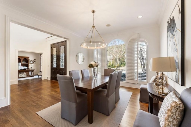 2250 Blackheath Trce, Alpharetta, GA 30005 - dining space with ornamental molding, wood finished floors, a chandelier, and recessed lighting