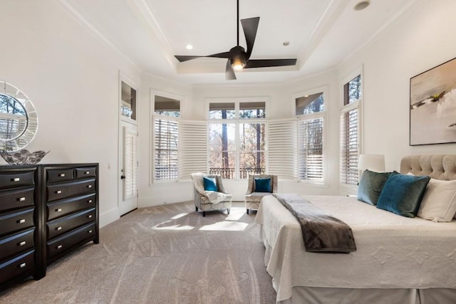 2250 Blackheath Trce, Alpharetta, GA 30005 - bedroom with light colored carpet, ornamental molding, a raised ceiling, and a ceiling fan