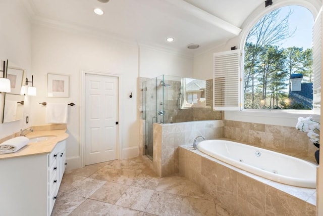 2250 Blackheath Trce, Alpharetta, GA 30005 - full bathroom with a tub with jets, vanity, a shower stall, crown molding, and recessed lighting