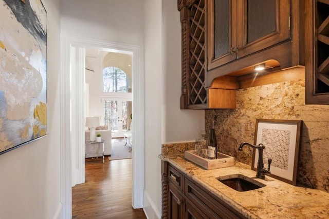 2250 Blackheath Trce, Alpharetta, GA 30005 - indoor wet bar featuring dark wood-style floors and tasteful backsplash