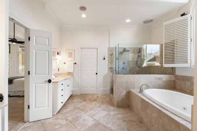 2250 Blackheath Trce, Alpharetta, GA 30005 - full bathroom featuring vanity, a garden tub, a stall shower, ornamental molding, and ensuite bathroom