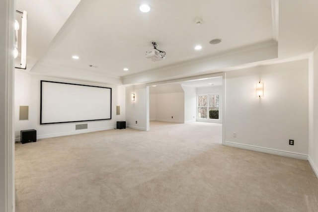 2250 Blackheath Trce, Alpharetta, GA 30005 - home theater featuring a tray ceiling, light carpet, recessed lighting, and crown molding