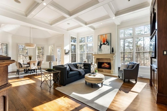 2250 Blackheath Trce, Alpharetta, GA 30005 - living area with wood finished floors, healthy amount of natural light, beamed ceiling, a high end fireplace, and coffered ceiling