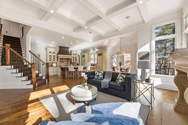 2250 Blackheath Trce, Alpharetta, GA 30005 - living room featuring stairs, healthy amount of natural light, wood finished floors, coffered ceiling, and beam ceiling
