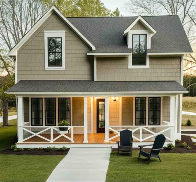 back of property featuring a porch, a lawn, and roof with shingles