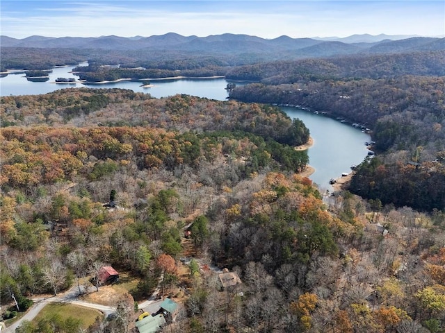 bird's eye view with a forest view and a water and mountain view