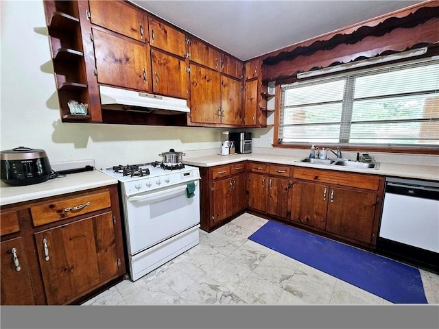 2480 Sewell Mill Rd, Marietta, GA 30062 - kitchen with white appliances, under cabinet range hood, open shelves, a sink, and light countertops