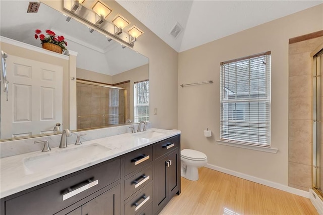 bathroom with an enclosed shower, vanity, hardwood / wood-style floors, and toilet