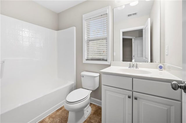 full bathroom featuring shower / bathing tub combination, vanity, and toilet