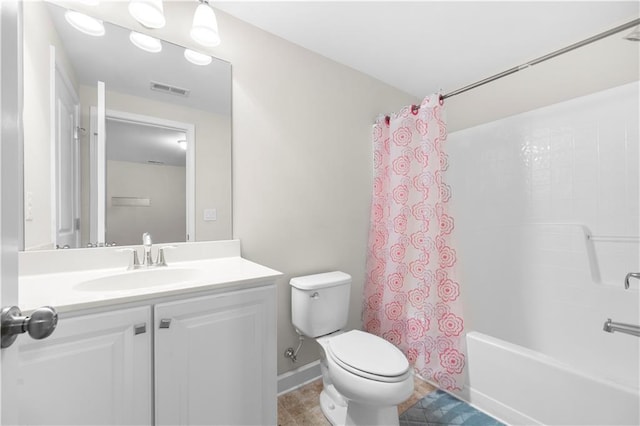 full bathroom featuring vanity, toilet, and shower / bathtub combination with curtain