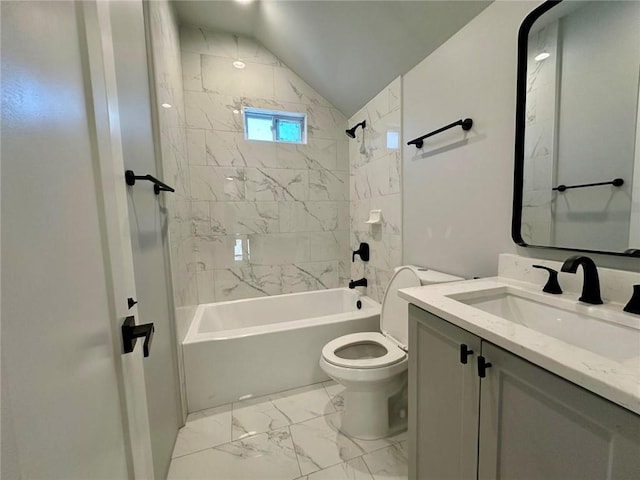 bathroom featuring shower / bathtub combination, toilet, vanity, vaulted ceiling, and marble finish floor