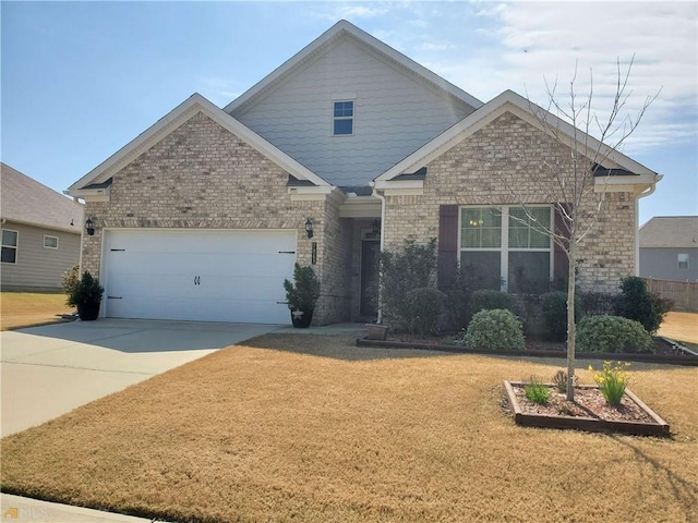 craftsman-style home with concrete driveway, brick siding, a garage, and a front lawn