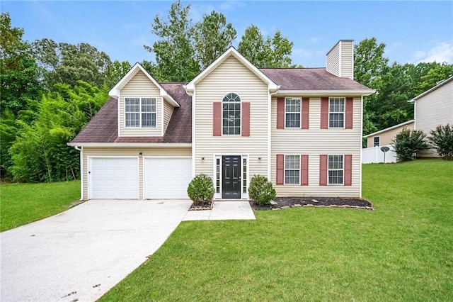 view of front of home featuring a garage and a front lawn