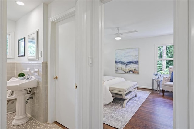 2800 Mornington Dr NW, Atlanta, GA 30327 - hall with wood finished floors, tile walls, and wainscoting