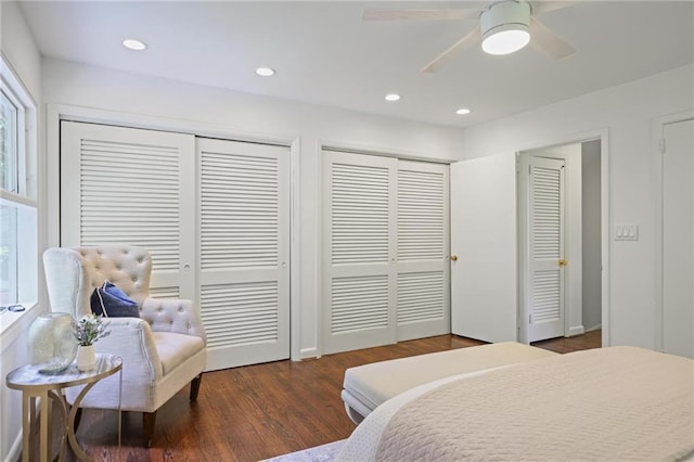 2800 Mornington Dr NW, Atlanta, GA 30327 - bedroom featuring multiple closets, dark wood-style flooring, a ceiling fan, and recessed lighting