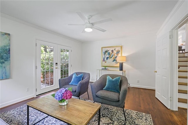 2800 Mornington Dr NW, Atlanta, GA 30327 - living area featuring crown molding, wood finished floors, a ceiling fan, stairway, and french doors