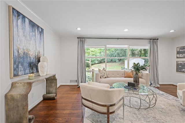 2800 Mornington Dr NW, Atlanta, GA 30327 - living area featuring dark wood-type flooring, recessed lighting, and crown molding