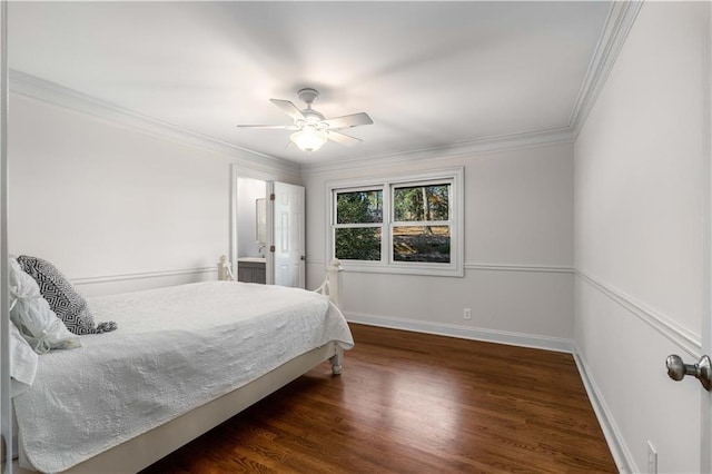 bedroom featuring crown molding, ceiling fan, and dark hardwood / wood-style flooring