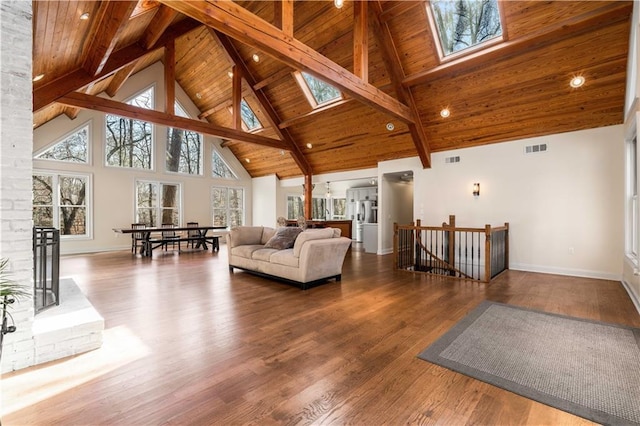 living room featuring wood ceiling, hardwood / wood-style flooring, and a skylight