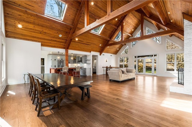 dining room featuring high vaulted ceiling, a skylight, beamed ceiling, hardwood / wood-style flooring, and wooden ceiling