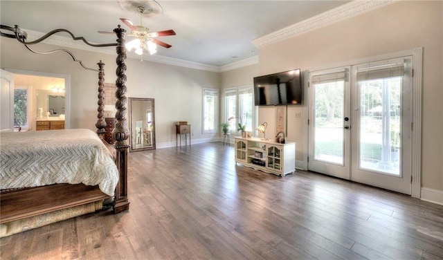 bedroom featuring ceiling fan, french doors, hardwood / wood-style floors, access to outside, and ornamental molding