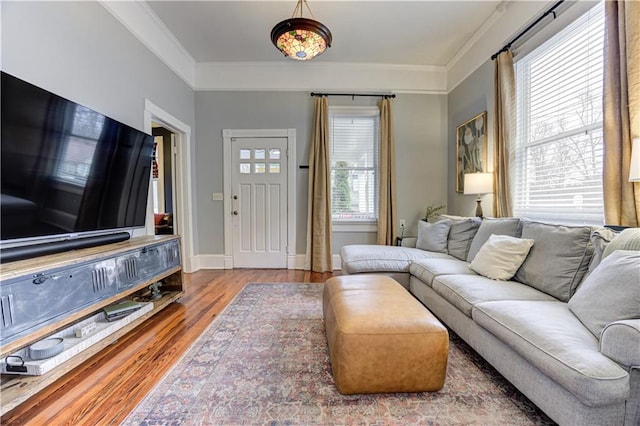 living room featuring ornamental molding, wood finished floors, and baseboards