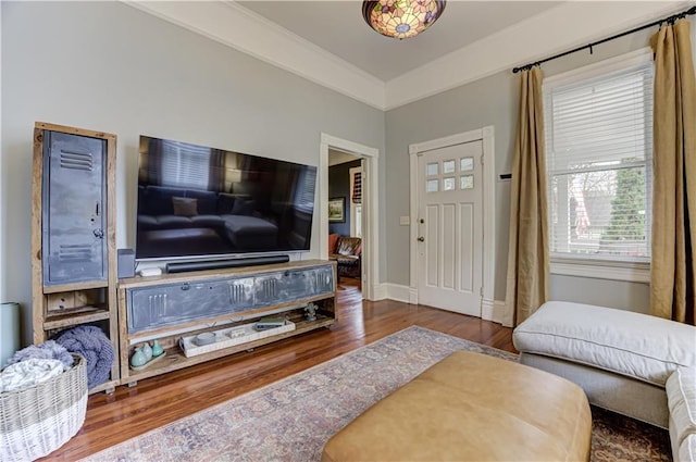 living area with ornamental molding, baseboards, and wood finished floors