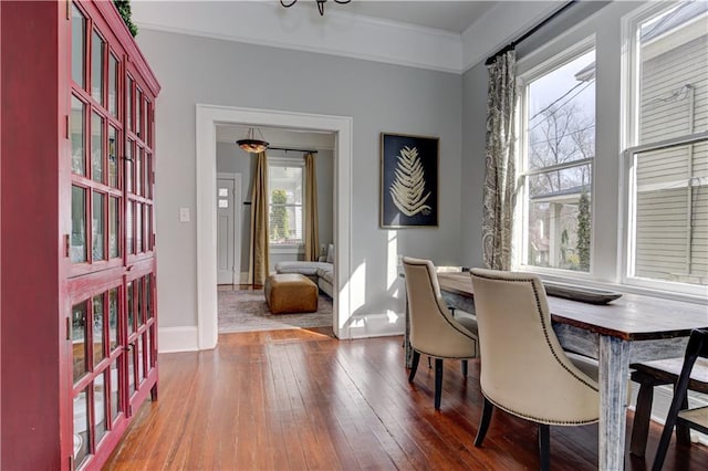 dining space with ornamental molding, hardwood / wood-style flooring, and baseboards