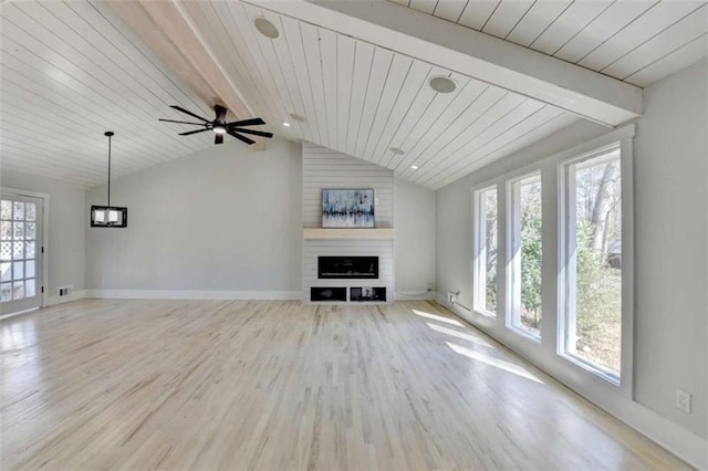 unfurnished living room featuring vaulted ceiling with beams, wooden ceiling, a large fireplace, and light wood-type flooring