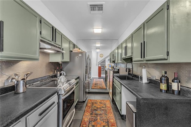 kitchen featuring green cabinets, appliances with stainless steel finishes, under cabinet range hood, and a sink