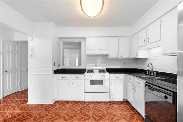 kitchen featuring under cabinet range hood, white cabinets, black dishwasher, dark countertops, and white gas range