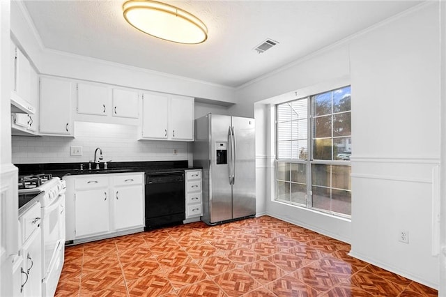 kitchen with a sink, white range with gas cooktop, black dishwasher, stainless steel fridge with ice dispenser, and dark countertops