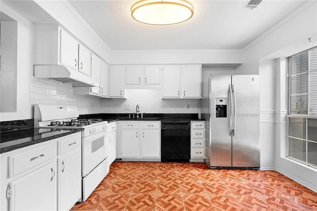 kitchen with dishwasher, stainless steel refrigerator with ice dispenser, white gas range oven, and white cabinetry