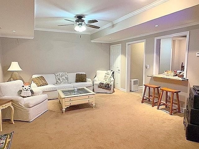 bedroom featuring ceiling fan, a raised ceiling, and light colored carpet