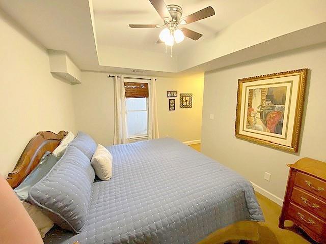 bedroom with a tray ceiling and ceiling fan