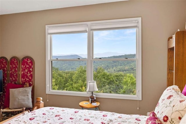 bedroom featuring a mountain view